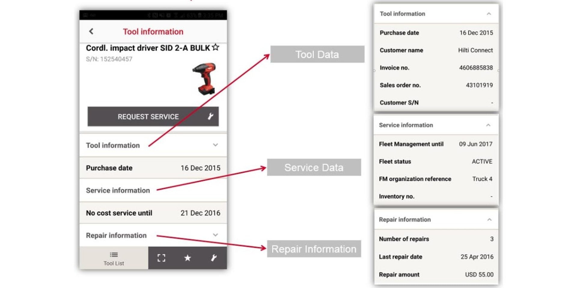 hilti connect - tool information and repair history