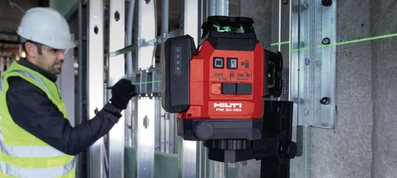 PM 30-MG Multi-line laser level Compact multi-line laser - 3x360° self-leveling green lines for faster leveling, aligning, and squaring (12V battery platform) Applications 1