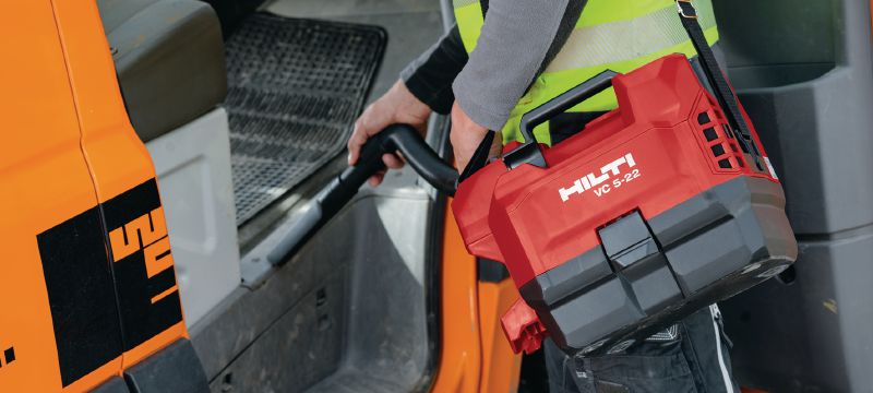 VC 5-22 cordless construction vacuum Compact and cordless construction vacuum for jobsite clean ups (dry), 3.5l tank (Nuron battery) Applications 1